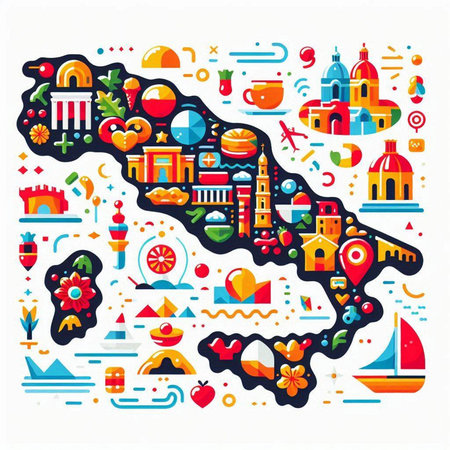 Vector illustration of Spain map made with famous landmarks and symbols. Travel and tourism concept.のイラスト素材