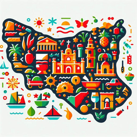 Vector map of Spain with travel icons and symbols in flat style on white backgroundのイラスト素材