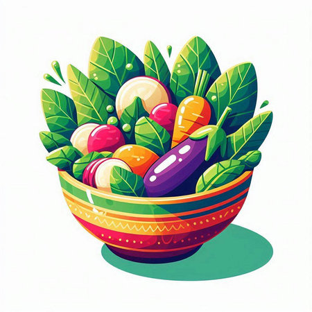 Vegetables in bowl. Vector illustration. Vegetarian food.のイラスト素材