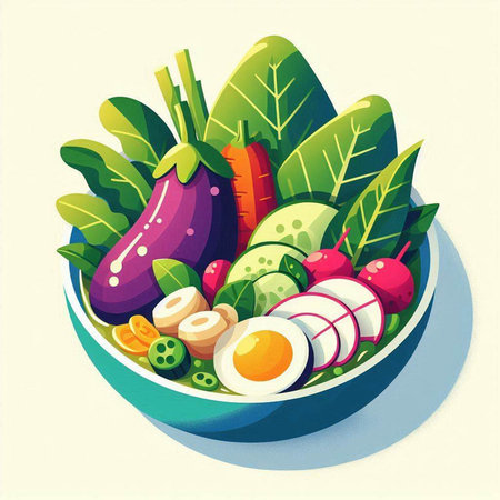 Illustration of a bowl full of vegetables and eggs, healthy foodのイラスト素材