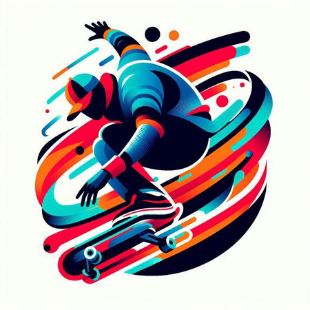 Skateboarder in action. Colorful abstract background. Vector illustration.のイラスト素材