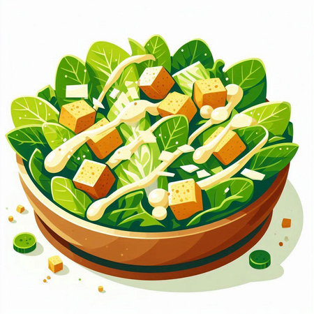 Salad with lettuce, cheese and croutons. Vector illustration.のイラスト素材