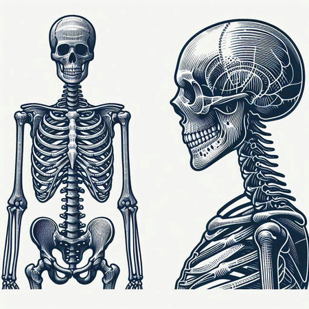 Human skeleton and skull. Vector illustration in vintage engraving style.のイラスト素材