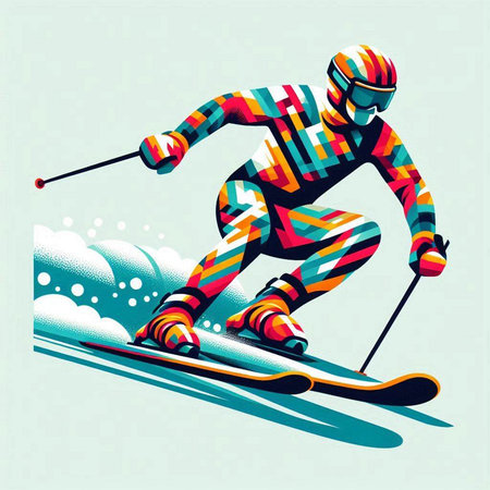 Vector illustration of a skier skiing in the mountains, side viewのイラスト素材