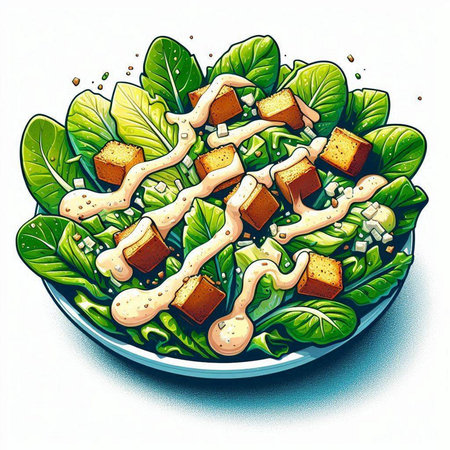 Illustration of salad with bread croutons and mayonnaiseのイラスト素材
