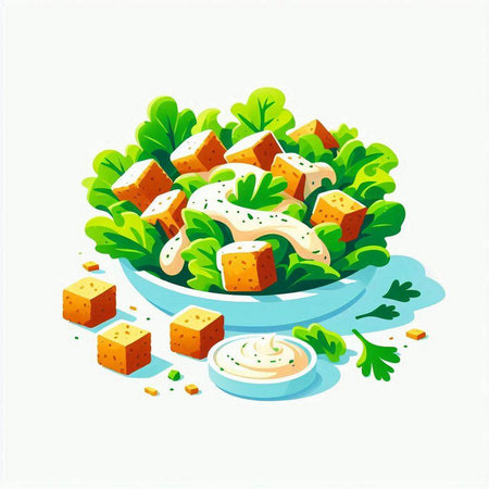 Illustration of a bowl of salad with mayonnaise and croutonsのイラスト素材