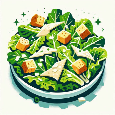Salad with cheese, lettuce and croutons. Vector illustration.のイラスト素材
