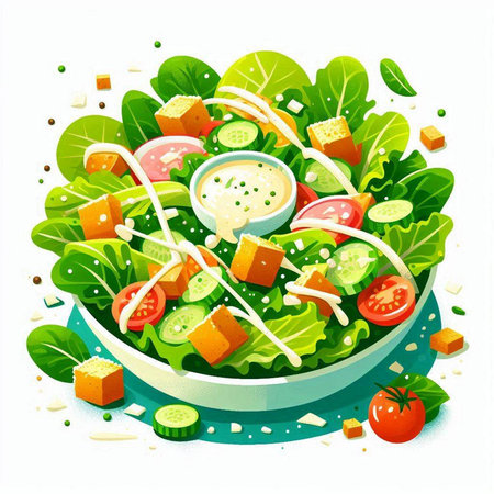Vegetable salad in a bowl isolated on white background. Vector illustration.のイラスト素材