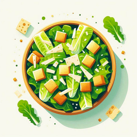 Salad with lettuce, cheese and croutons. Vector illustrationのイラスト素材