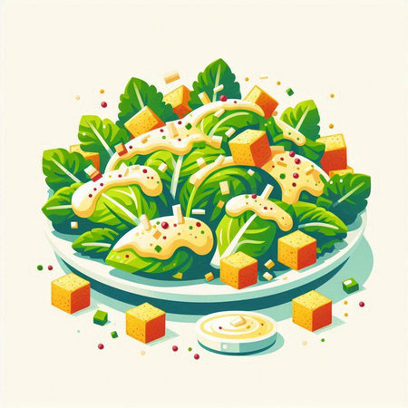 Salad with lettuce, cheese and sesame. Vector illustration.のイラスト素材