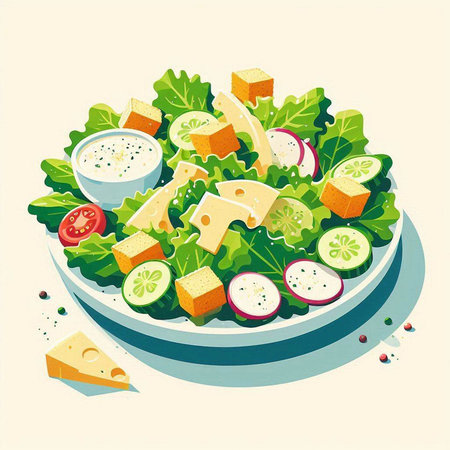 Salad with cheese, cucumber and radish. Vector illustration.のイラスト素材