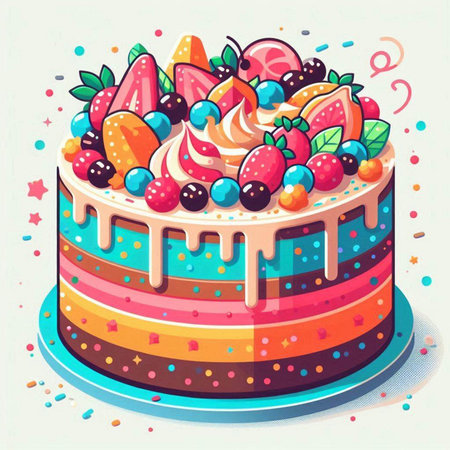 Birthday cake with berries and cream. Colorful vector illustration.のイラスト素材
