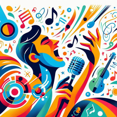 Music background. Vector illustration of a man with a microphone and musical notes.のイラスト素材