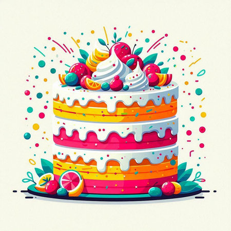 Birthday cake with fruits and berries. Vector illustration on white background.のイラスト素材
