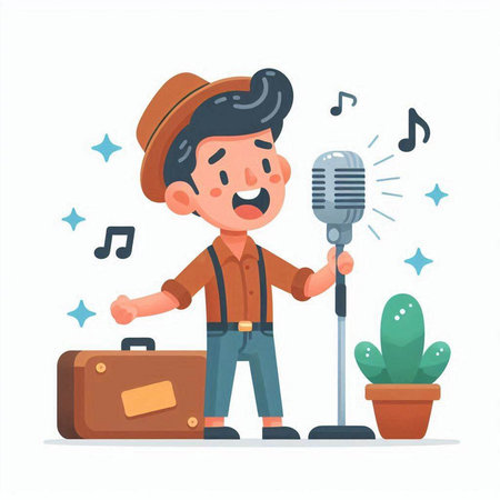 Cute cartoon man singer with microphone and suitcase. Vector illustration.のイラスト素材