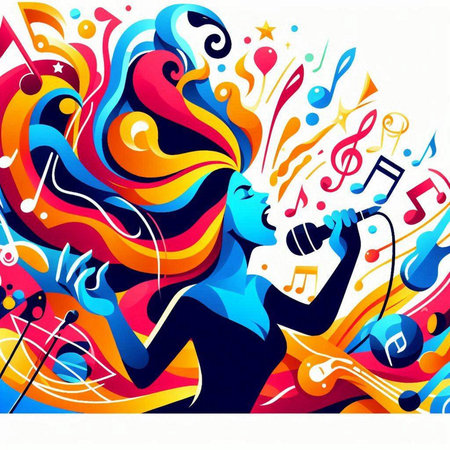 Vector illustration of beautiful girl singing on colorful background with musical notes.のイラスト素材