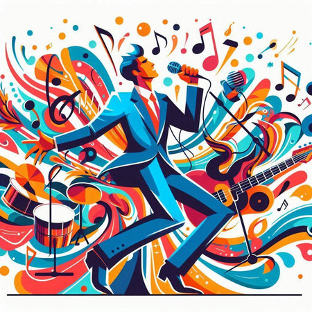 Vector illustration of a man in a blue suit playing the drums and singing.のイラスト素材