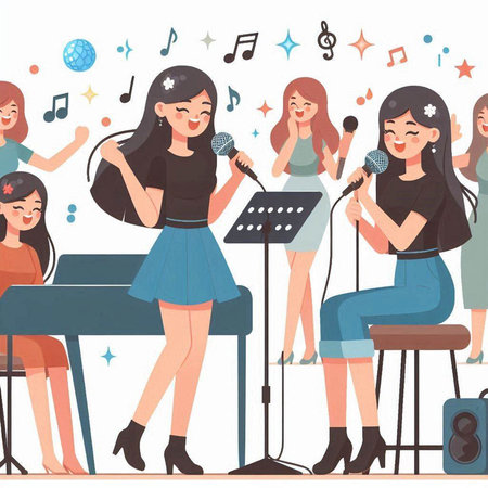 Cute girls singing karaoke. Vector illustration in cartoon styleのイラスト素材