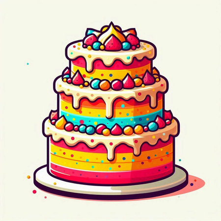 Colorful birthday cake with cream and candies. Vector illustration.のイラスト素材