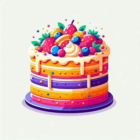 Birthday cake with fruits and berries. Isolated vector illustration.のイラスト素材