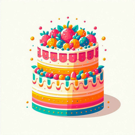 Birthday cake with berries and cream. Vector illustration in cartoon styleのイラスト素材