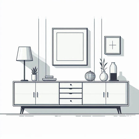 Modern living room interior with commode, lamp, vase, bookshelf, table and other objects. Vector illustration.のイラスト素材