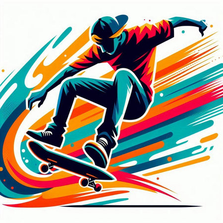 Skateboarder on abstract colorful background. Vector illustration for your designのイラスト素材