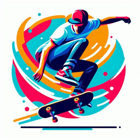 Skateboarder jumping on colorful abstract background. Vector illustration.のイラスト素材