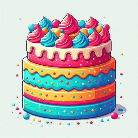 Birthday cake with colorful cream and candies. Vector illustration.のイラスト素材