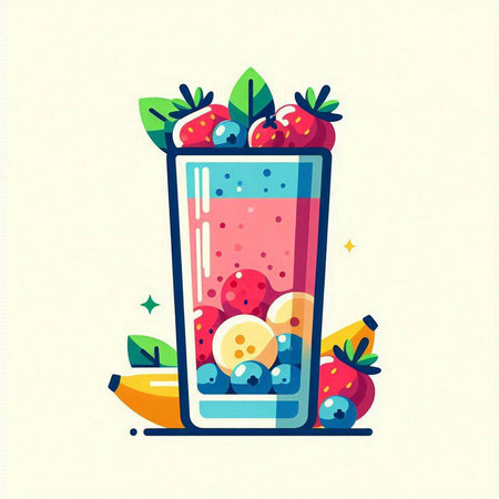 Fruit smoothie in a glass with strawberries, bananas and blueberries. Vector illustration.のイラスト素材