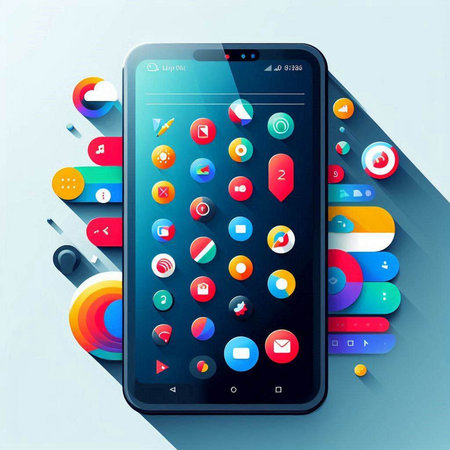 Smartphone with colorful application icons on the screen. Vector illustration.のイラスト素材