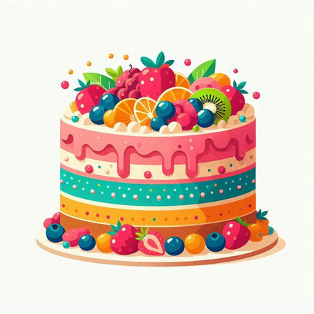 Birthday cake with fruits on top. Vector illustration in cartoon style.のイラスト素材