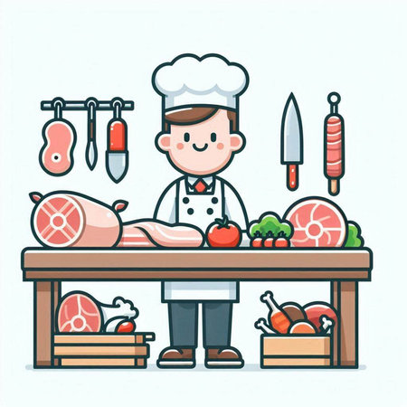 Chef cooking meat in the kitchen. Vector illustration in cartoon styleのイラスト素材