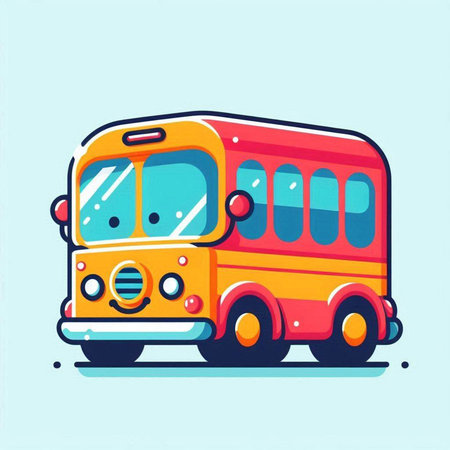 School bus isolated on blue background. Vector illustration in cartoon style.のイラスト素材