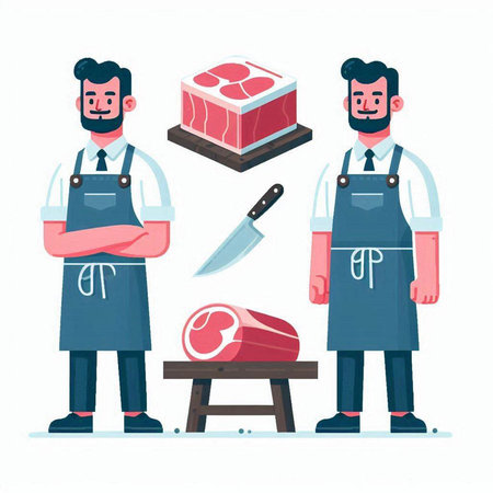 Butcher and butcher shop. Man in apron and apron with a big knife. Vector illustrationのイラスト素材