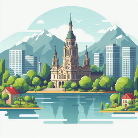Church in the city. Vector illustration in a flat style. View from the lake.のイラスト素材