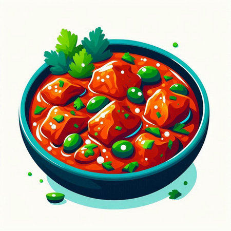Illustration of a bowl of spicy tomato sauce with parsley and green peasのイラスト素材