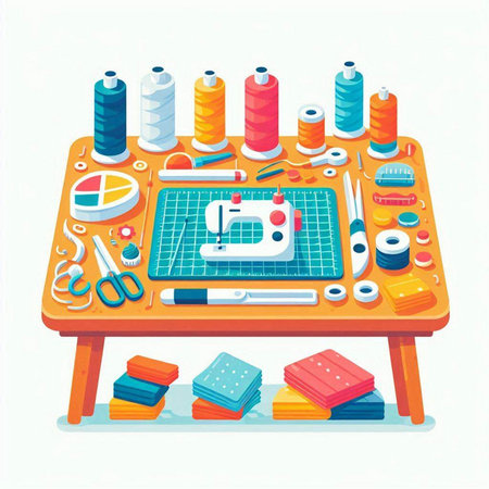 Sewing accessories. Sewing machine, fabric, needles, threads, pins. Vector illustrationのイラスト素材