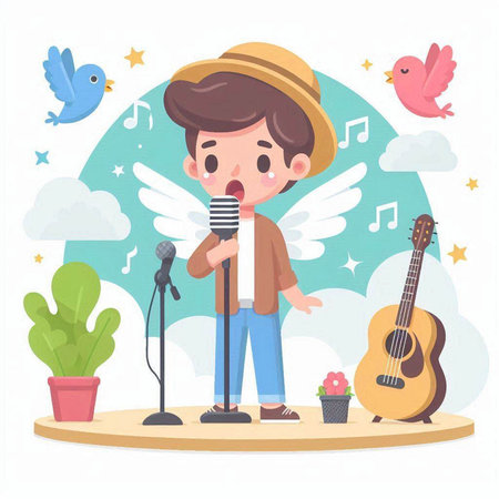 boy singing karaoke with guitar and birds in the background vector illustrationのイラスト素材