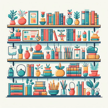 Vector illustration of bookshelves with books, vases, vases and plants.のイラスト素材