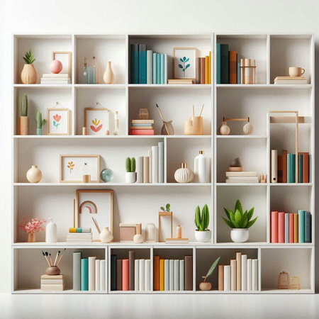 White bookshelves with books and decorations. 3d rendering.のイラスト素材