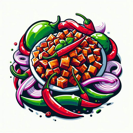 Illustration of traditional mexican food with chili pepper and onionのイラスト素材
