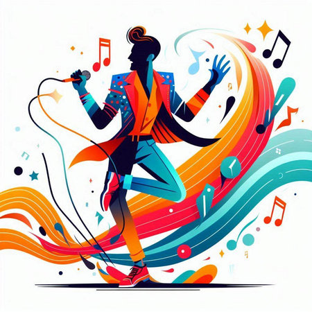 jazz singer on colorful background with music notes, vector illustration.のイラスト素材