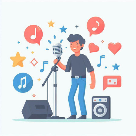 Man singing karaoke. Vector illustration in flat cartoon style.のイラスト素材