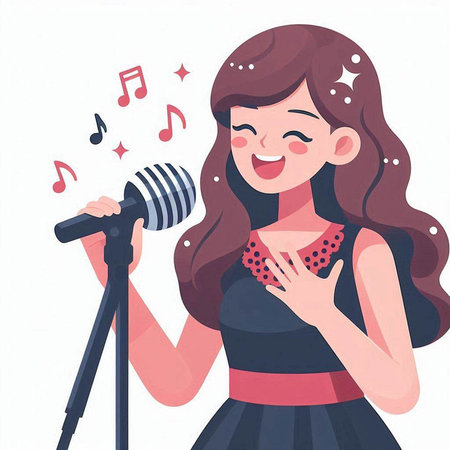 Cute girl singing with microphone. Vector illustration in cartoon style.のイラスト素材
