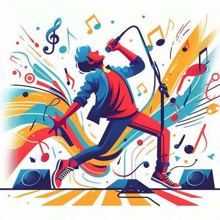 Vector illustration of a man singing into a microphone on a colorful backgroundのイラスト素材