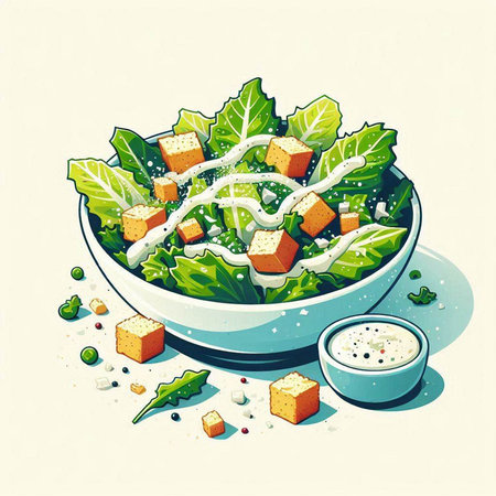 Salad with croutons, cheese and greens. Vector illustration.のイラスト素材