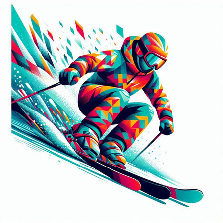 Vector illustration of skier skiing in mountains. Colorful abstract background.のイラスト素材