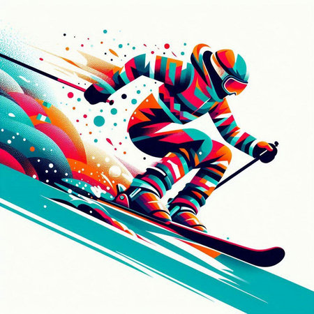 Vector illustration of skier in action on a background of abstract shapes.のイラスト素材