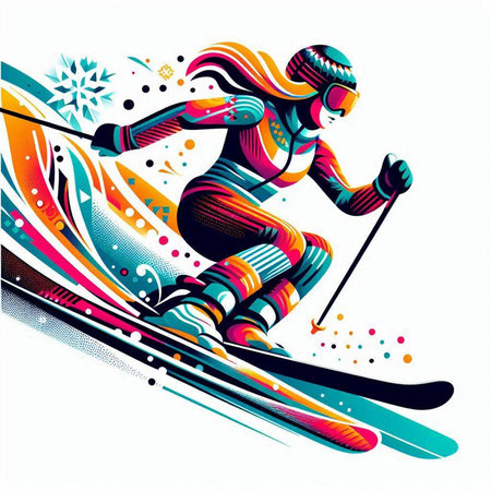 Skiing girl. Vector illustration. Colorful abstract background.のイラスト素材